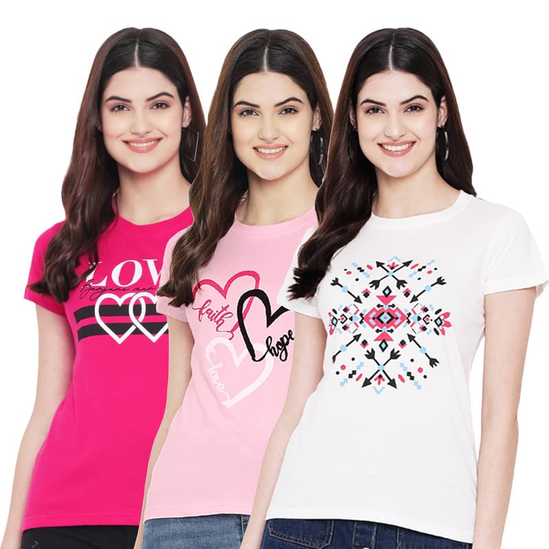 Image of Preneum Women's Cotton Regular Fit Graphic Stylish Printed Short Sleeves Casual T-Shirt || Trendy Designs & Stylish (Pack 3), White, 2XL