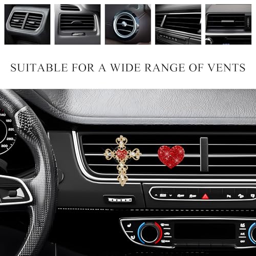 Image of 2 PCS Bling Car Vent Clip, Crystal Rhinestone Cross and Heart Car Air Fresheners Vent Clips, Diamond Car Air Conditioner Outlet Decoration Charm for Women, Car Accessories (Red)
