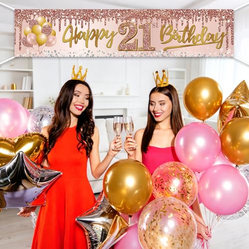 Image of Excelloon 21st Birthday Banner Decorations for Her, Pink Rose Gold Happy 21 Birthday Yard Banner Party Supplies, 21 Year Old Girls' Womens' Bday Background Sign for Outdoor Indoor