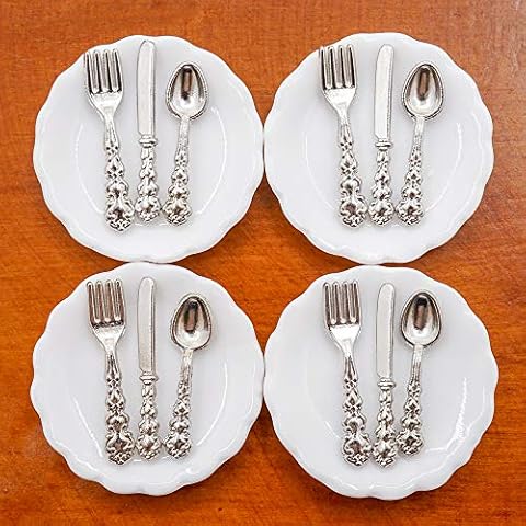 Odoria 1/12 Scale Dolls House Miniature Plates and Cutlery Set 12Pcs Fork Spoon Silverware Dollhouse Kitchen Accessories, Silver Cover