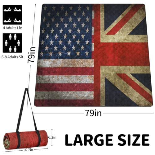 Shimoshe Extra Large Picnic Blankets 79”x 79”, American Flag Waterproof Foldable Picnic Mat with Straps Portable Beach Blanket for Camping Park Grass Beach Indoor