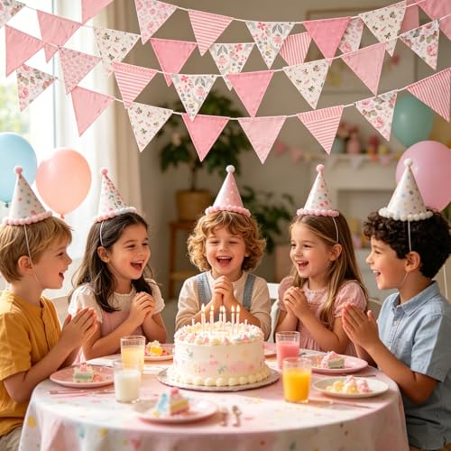 Image of Zwiebeco 32Ft Pink Fabric Floral Pennant Banner Bunting Cotton Pinkish Flowers Triangle Flags Party Decorations for Birthday Wedding Engagement Bridal Baby Shower Rustic Village Home Garden Decor