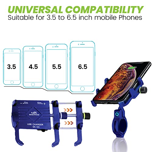Image of GRAND PITSTOP Mobile Holder for Bikes, Motorcycle, Scooter, Bicycle, Claw Jaw Grip with Charger Bike Mobile Holder, Aluminium Cellphone Holder for Maps & GPS Navigate & 360 Rotation Phone Mount-Blue