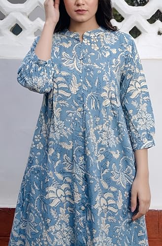 Image of Janasya Women's Pure Cotton Floral Printed A-Line Tunic