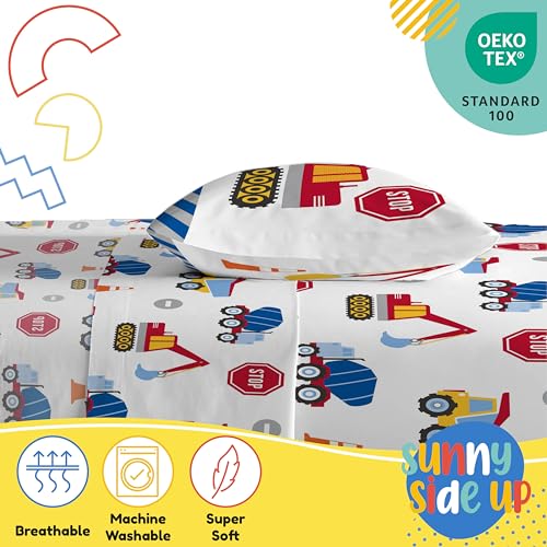 Image of Sunny Side Up Construction Zone Toddler Sheet Set - 3 Piece Toddler Bedding Set Includes Pillow Cover - Super Soft Trucks Microfiber Sheets