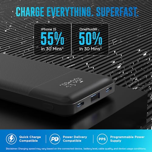 Image of URBN 10,000 mAh Edge Power Bank with Smart LED Display, Ultra Slim & Compact, 22.5W Fast Charging, Power Delivery, Quick Charge, Triple Output(1-USBA, 2 USB-C) iPhone, Samsung, Android & More - Black