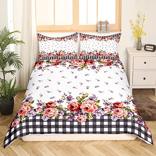Garden Flowers Bedding Set Queen Romantic Blossom Grid Comforter Cover For Kids Child,Buffalo Checked Botanical Floral Duvet Cover Geometric Bed Sets Rural Pastoral Style Bedroom Decor,Lavender #TOP2