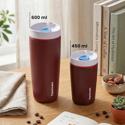 Image of Frenchware AeroMug Insulated Stainless Steel Coffee Tumbler, 600 ml | Smooth Sip Slider, Reusable, Hot & Cold Coffee Travel Mug, Dark Merlot