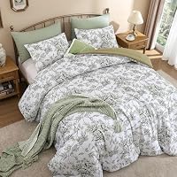 JANZAA Full Size Comforter Set - Green Peony Floral Shabby Chic Bedding — image 7