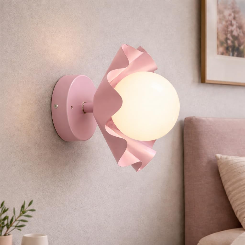 Pink Flower Design Wall Light with Frosted Glass Globe for Bedroom, Living Room & Hallway | Decorative Metal Wall Lamp | 16 cm Width x 18 cm Height-image-17