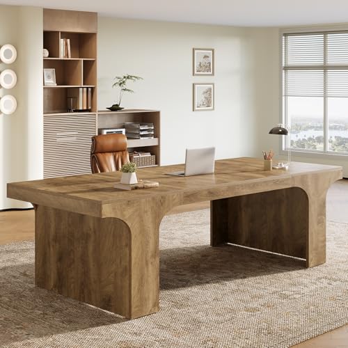 Image of Tribesigns 70.87 inch Executive Office Desk, Large Workspace Computer Desk, Modern Wooden Writing Table Simple Business Furniture with Arched Design for Home Office, Sturdy Room, Wood Grain