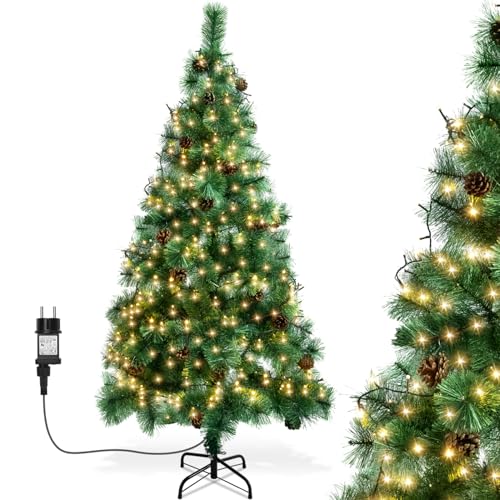 Aigostar Árbol de Navidad Artificial 180 CM, con Cadena de Luces LED de 18 M, 300 LED Blanco cálido, 8 Modos de Iluminación, Ramas Aguja de Pino con Piñas, Verde,Incluye Soporte de Meta