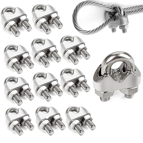 10 Morsetti Per Fune Metallica M6 + 10 Ditali - Set In Acciaio Inossidabile Per Cavi 6mm