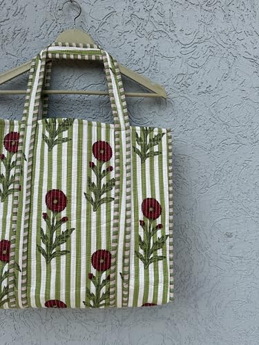 Image of Quilted Cotton Handprinted Reversible Large multicolor Floral Tote Bag,Hand Block Print Shopping Shoulder Carry Bag