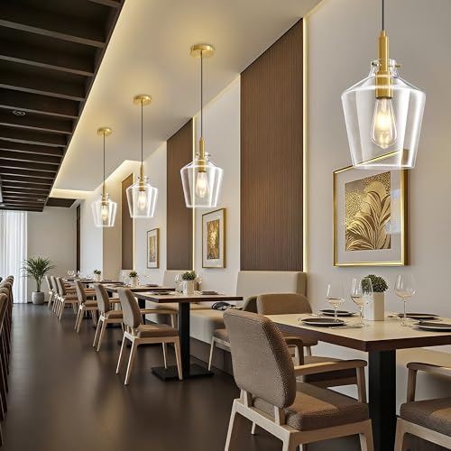 Image of Glass Pendant Lighting for Kitchen Island Entryway 2 Pack Gold Clear 8 Inch | Adjustable cord Dimmable, E26 bulbs, Rust-resistant Damp Rated For Bathrooms, 5-Year Manufacturer Warranty, UL Certification