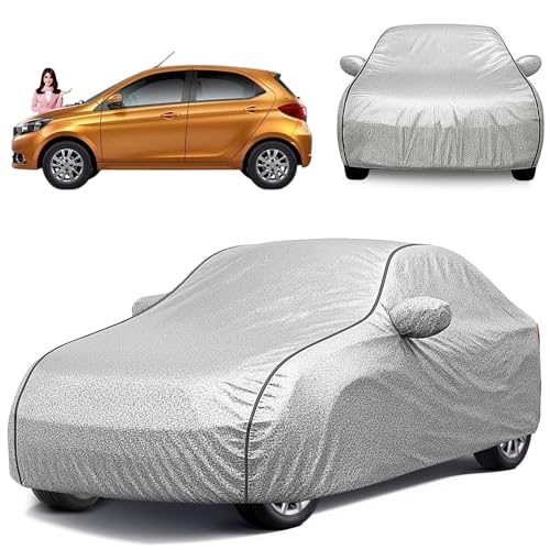 Image of Car Cover for Tata Tiago All Model & Years (2016-2025) 100% Waterproof with Mirror Pockets, Triple Stitched Bottom Elastic Dustproof Full Body Protection Heat & UV Resistant- Silver