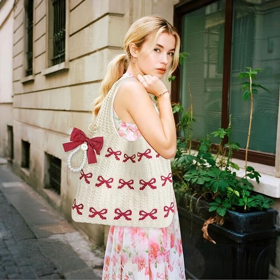Image of JeVenis Crochet Tote Coquette Bow Aesthetic Beach Mesh Knitted Shoulder Bag | Crochet Tote Coquette Bow Aesthetic Hobo Bag for Women Boho Shoulder Handbag Beach Mesh Knitted Shoulder Bag