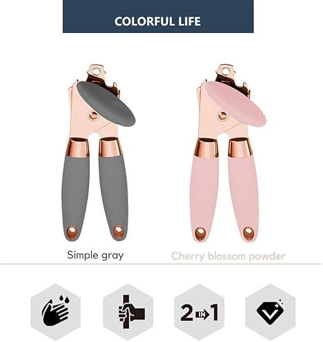 Miniatura 6 de KAISHANE Abrelatas manual de acero inoxidable de oro rosa con asas antideslizantes negras y perilla grande con abrebotellas integrado (gris)