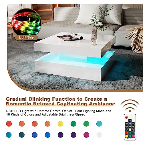 KEEPREAPER White Square Coffee Table for Living Room, Modern Coffee Tables with Storage, LED Light Coffee Table 2-Tier Square Middle Center Table,Contemporary Wood Tea Tables for Dining - Image 3