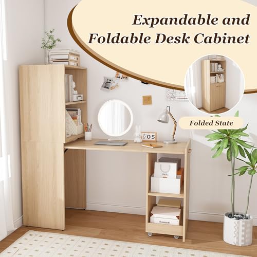 Image of Natural Foldable Office Desk, Fold Out Convertible Hidden Murphy Computer Desk with Storage Shelves, Multi-Function Folding Writing Table for for Small Spaces, Home Office