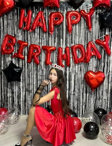 Image of Red Happy Birthday Balloon Banner, 16 Inch Red Happy Birthday Foil Balloons, Foil Letter Balloon Sign for Men Women Boys Girls Hbd Party Decorations, Photo Booth Backdrop