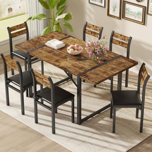 Recaceik Dining Table Set for 6, 55‘’ Wooden Dinner Table Set for 6 with Upholstered Dining Room Chairs, Farmhouse Kitchen Table and Chairs Brown