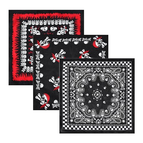 KRYMSON Conjunto de pañuelo pirata de 3 piezas, pañuelo informal transpirable de algodón puro, bufanda de calavera, unisex, accesorios para motociclismo