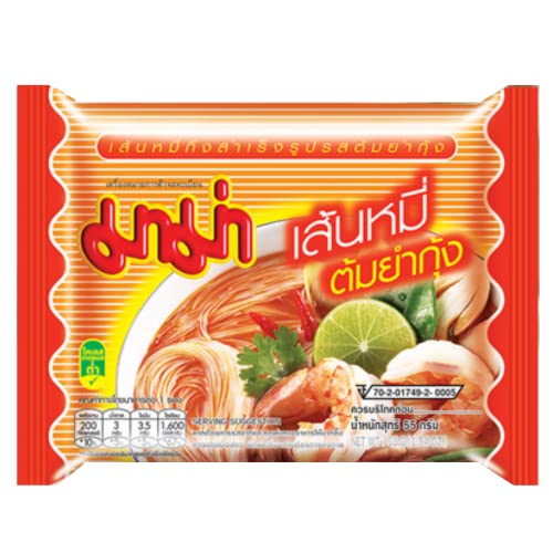 MAMA Instant Noodles Rice Vermicelli, Asian Noodles in Delicious Thai Tom Yum Flavor, No Trans Fat with Fewer Calories Than Deep Fried Noodles (Hot and Spicy Tom Yum, 30 Packs)