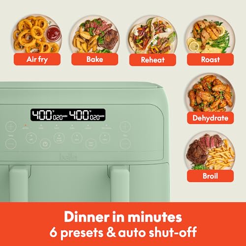 Image of bella 4 Qt TriZone Air Fryer, EverGood Ceramic Nonstick Coating, Dual Basket Design w Removable Divider, Digital Touchscreen Control w 6 Preset Cooking Options, 1200 Watt, 3lb Capacity, Seaglass
