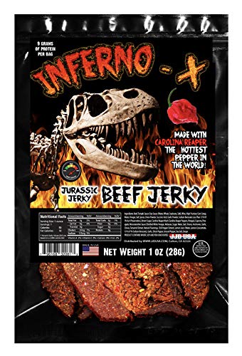 INFERNO X Carolina Reaper Jerky  Hot Beef jerky with special blend of worlds HOTTEST peppers including the Guinness Book Carolina Reaper Exotic beef jerky snack pack (1 pack  1oz)