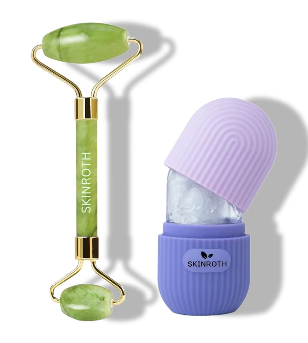 SKINROTH -Grade-A+ Luxurious JADE Facial Roller and Silicone Ice Massage Roller Mold for Natuarlly Face Lift, Anti-Aging Tools, (IDE Certified) Crafted with 100% Pure Jade Stone (Light Green)