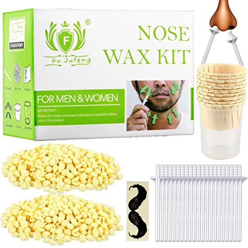 Nose Hair Wax Kit for Men and Women, Nose Hair Removal Kit with 50g Nose Hair Wax 20 Safe Tip Applicator, 10 Containers and 8 Moustache Stencils Safe, Easy, Quick and Painless