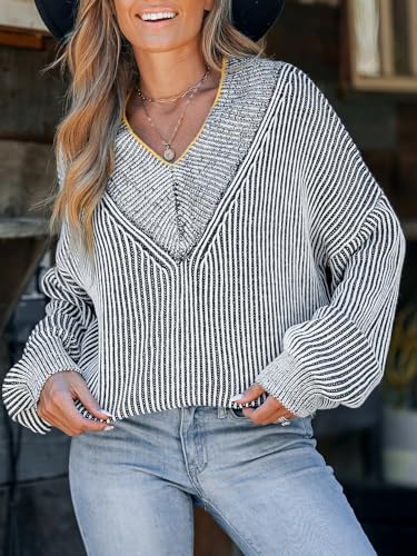 Image of CUPSHE Womens Sweaters Oversized Sweater Loose Fit Long Sleeve Sweater V Neck Striped Pullover Sweater Tops