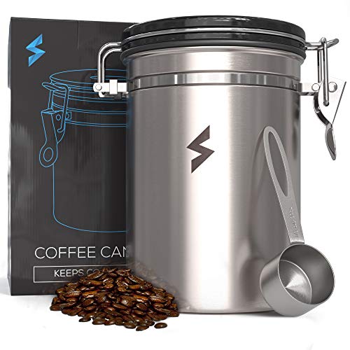 SparkPod Airtight Coffee Container w/Grounds Scoop (Large) Stainless Steel Canister w/ CO2 Valve | Kitchen Accessory for Flour, Sugar, Condiments | Ecofriendly