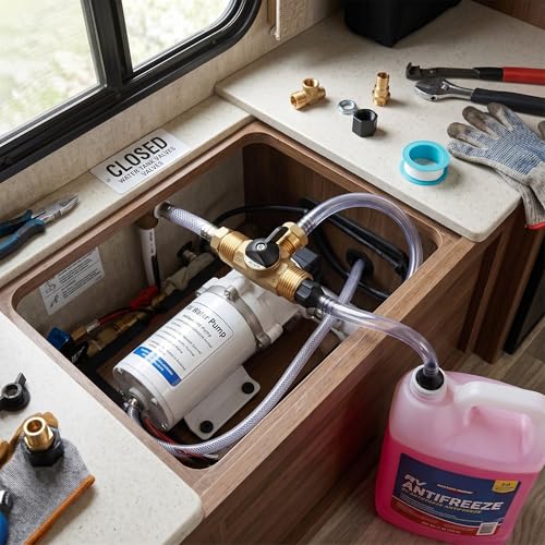 Image of Pissente RV Winterizing Kit, Antifreeze Fill Pipes, Brass Valves, Universal Fit, PTFE Seal, Easy Maneuver Hose, for Boats and RVs