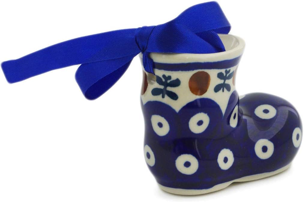 Polmedia Polish Pottery Boot Ornament - Mosquito Pattern Handmade in Boleslawiec Poland + Certificate of Authenticity