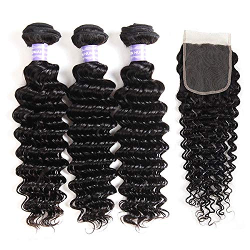 AMZTMY Brazilian Virgin Deep Wave 3 Bundles with Closure Free Part 8A 100% Unprocessed Human Hair Bundles with 4×4 Lace Closure Natural Black (16 18 20+14 Closure)