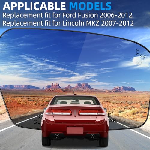 Image of Passenger Side Mirror Replacement for Ford Fusion 2006-2012, for Lincoln MKZ 2007-2012 - Right Side Mirror Glass, Rear View Mirrors Glass with Power Heated & Blind Spot