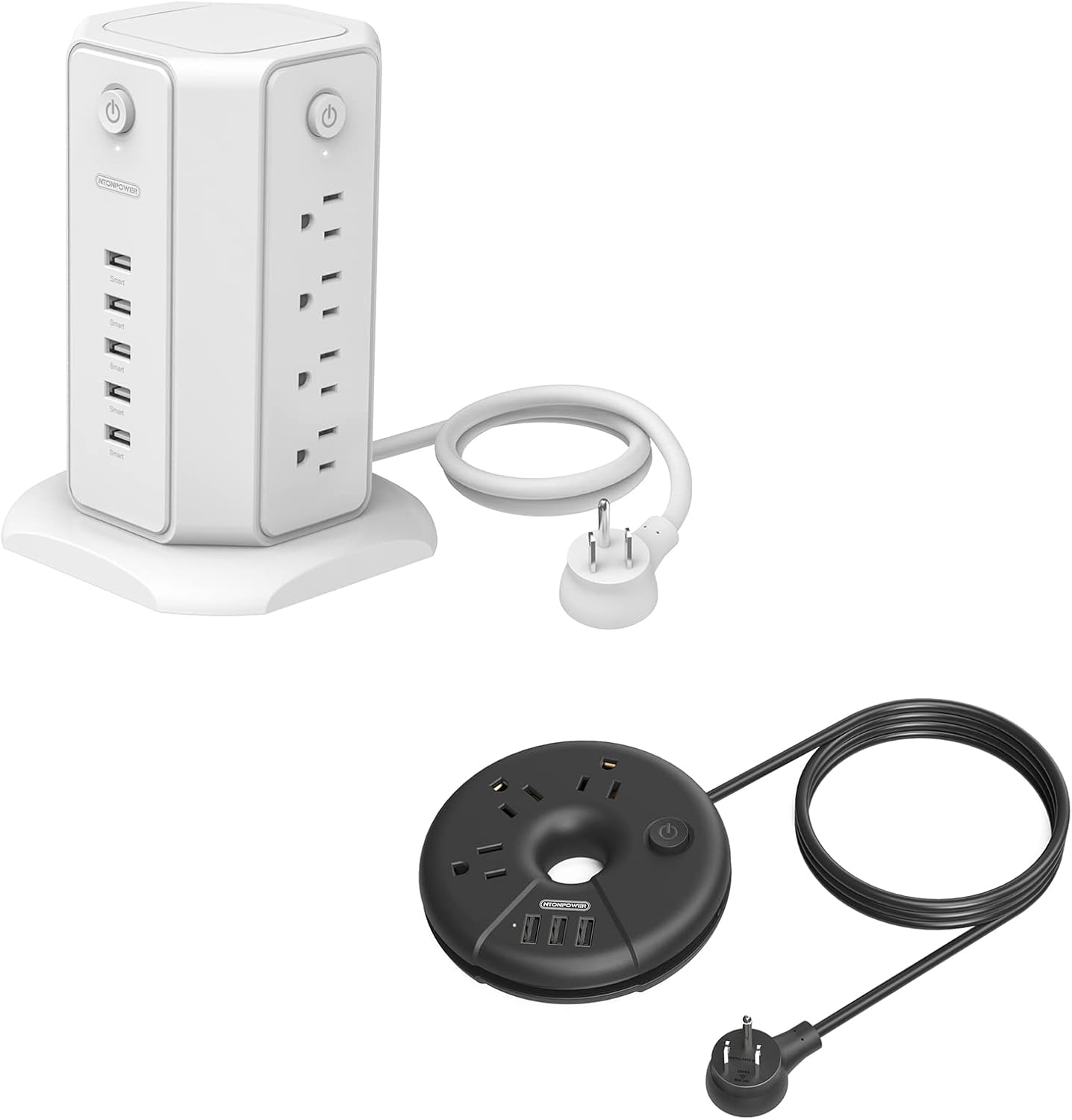 NTONPOWER Power Strip Flat Plug Bundle, 3 Outlets 2 USB