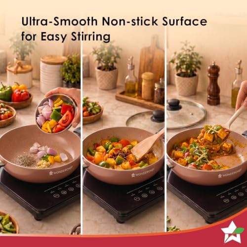 Image of Wonderchef Vitalife Non-Stick Kadhai & Glass Lid for Kitchen, 24cm, 2.5 L, Non-Toxic Coating, PFOA-Free, Cool-Touch Handles, Scratch-Resistant, Gas & Induction Compatible, 2-Yr Warranty, Terracotta