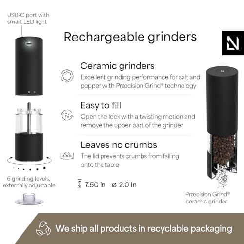 Image of LARS NYSOM Electric Salt and Pepper Grinder Set I Automatic Salt and Pepper Mills with Adjustable Ceramic Grinder I USB Rechargeable Electric Spice Mill Set with LED Light (Carbon Black)