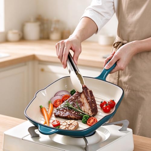 Enameled Cast Iron Square Steak Grill Pan, For All Cooktops (Peacock Blue, 9.5 inch) - Image 3