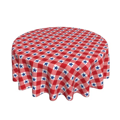 BETGINY 4th of July Tablecloth Round 60 Inch,Red White Buffalo Plaid Check Blue Patriotic Stars Table Cloth,Stain Resistance Polyester Independence Day Table Covers for Kitchen Dining Parties Picnic