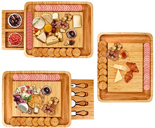 Bambus Käsebrett mit Käsewerkzeugen, Käseplatte Charcuterie-Brett-Platten-Set Serviertablett für Weincracker Brie und Fleisch, großer Dicker Holzserver, Hauswärmgeschenk für Feinschmecker – Bild 3