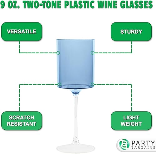 Miniatura 5 de PARTY BARGAINS Copas de vino de plástico irrompibles de dos tonos, azul y transparente, paquete de 5, copas de plástico resistentes, cristalería