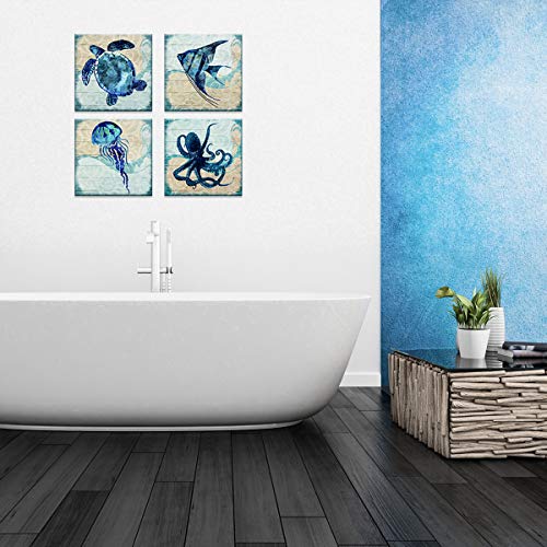 Navy Blue Fish Wall Art Beach Themed Sea Turtle Jellyfish Octopus Canvas Pictures Kids Bathroom Nursery Decor Boho Ocean Animal Painting Artworks For Bedroom Living Room Home Decorations 12X12" 4 Pcs #TOP3