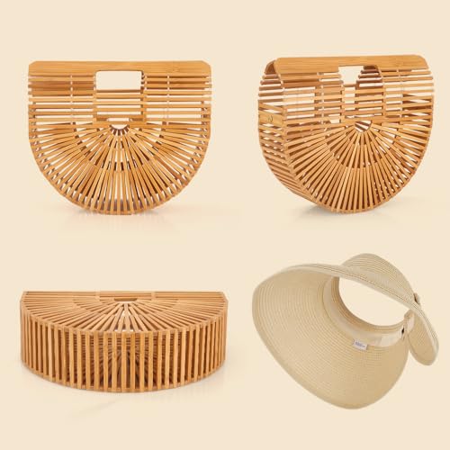 Image of Bamboo Purse Women's Natural Tote Straw Purse Foldable Straw Sun Visor Hats for Women, Beach Bamboo Bag Summer Outdoor