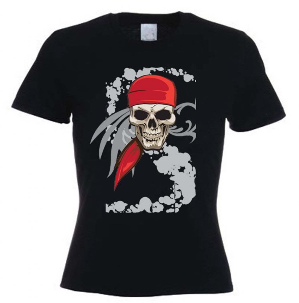 Tribal T-Shirts Pirate Skull Womens Pirate T Shirt (Medium, Black)