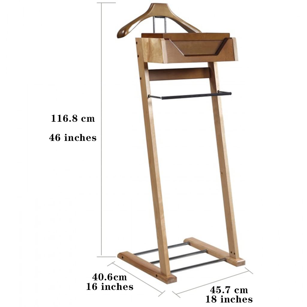 Perchas de soporte para trajes para hombre, perchero de madera con bandeja extraíble y estante de metal para zapatos para mujer