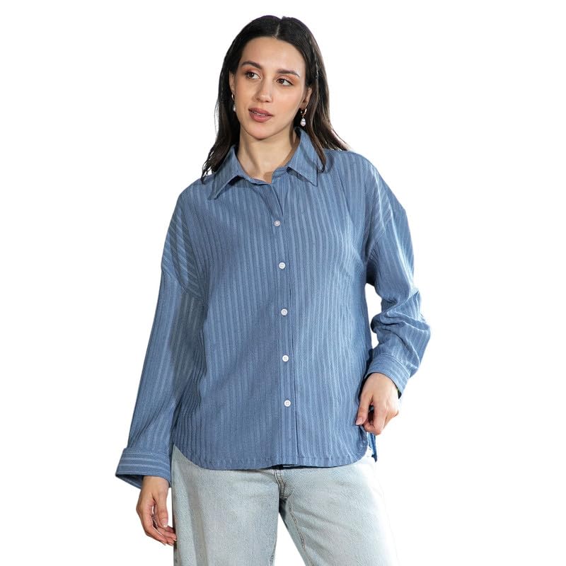 Campus Sutra Women's Oversized Shirt | Spread Collar, Long Button-Cuff Sleeves, Button Closure | Solid Textured Woven Shirt for Casual Cornflower Blue in blue